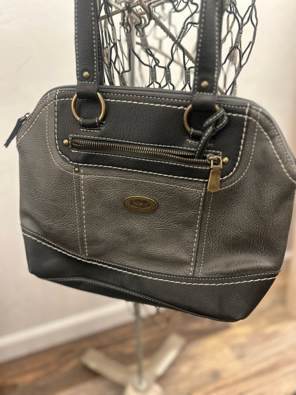 boc Two-Tone Gray and Black Shoulder Bag with Brass Hardware Charging Handbag